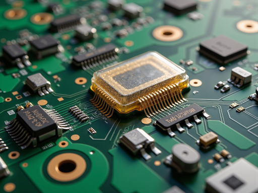 射频集成电路芯片特写，金色引线框架，银色焊盘，显微镜下拍摄效果