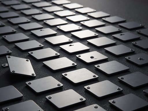 存储器芯片特写，黑色方形封装，表面平整，金属光泽，实验室背景