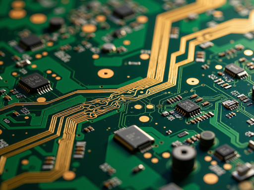 专用集成电路芯片特写，复杂电路图案，多层结构，显微镜下拍摄